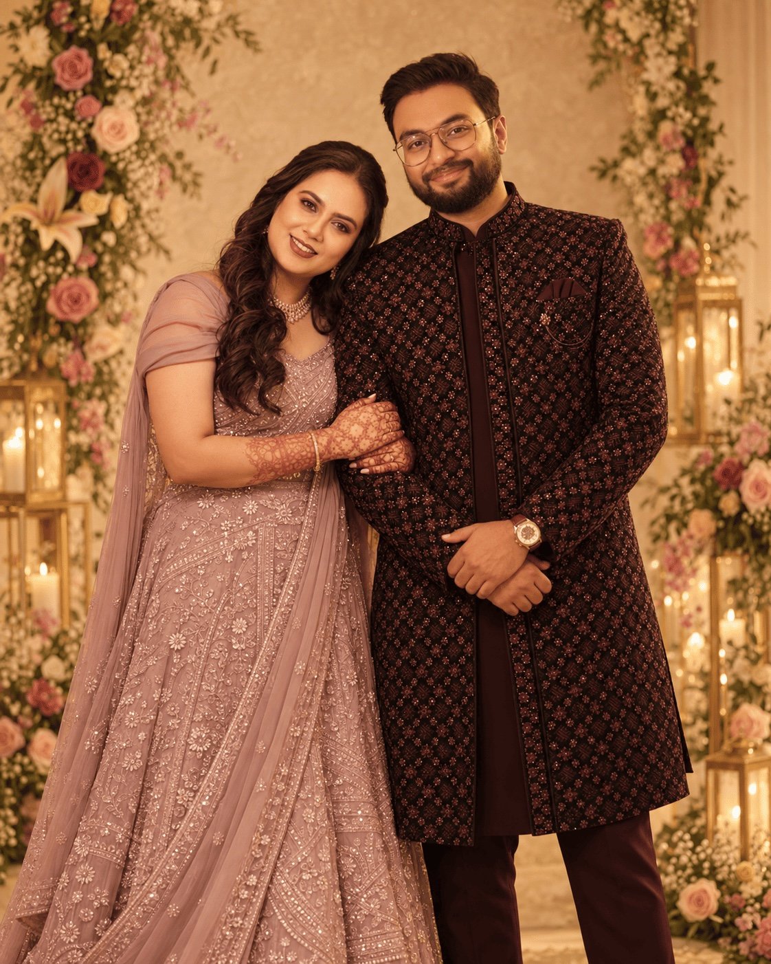 Nidhi and Diptanshu smiling together under a floral arch