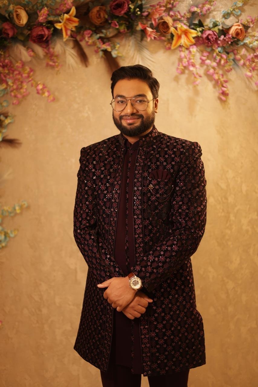 Diptanshu, the groom, in an embroidered sherwani